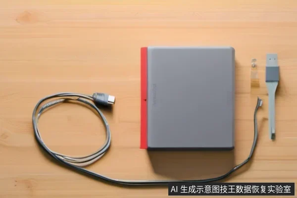 木桌上放置一台灰色带红边的外置移动硬盘，旁边有一根一端分离的USB连接线和USB转接头，呈现连接断开状态。