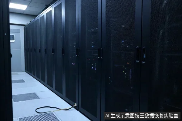 机房内一排黑色服务器机柜,柜门为网状,内部可见指示灯,地面有走线孔和一根黄色线缆。