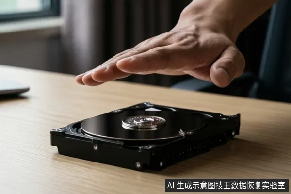 一只手悬停在木桌上的裸露机械硬盘上方,手掌张开,背景为室内窗边环境。