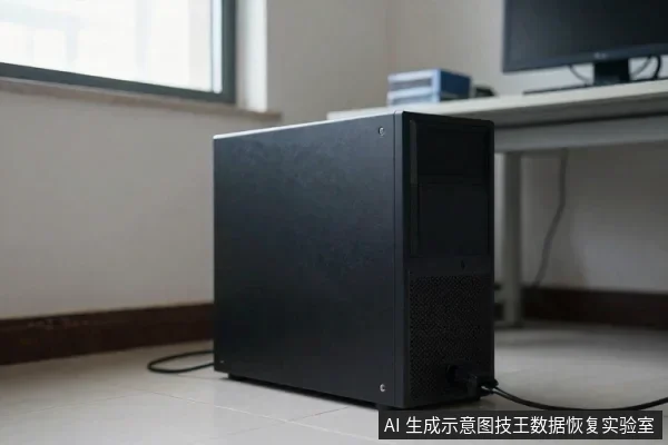 黑色台式电脑主机箱放在浅色地砖上,机箱后下方插着黑色电源线,背景有窗户和桌子。