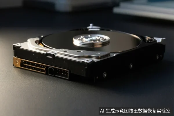 一块打开顶盖的机械硬盘平放在深色桌面上，可见盘片、主轴、磁头臂及侧面的SATA数据与电源接口。