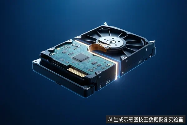 An open 2.5-inch hard drive showing platters, actuator, and PCB on a blue background