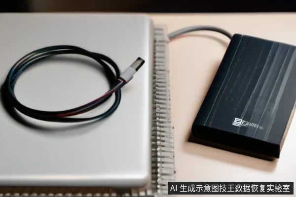 银色合盖笔记本电脑上放着一圈带USB-C接口的黑色数据线,右侧桌面放着一台带灰色线缆的黑色移动硬盘,中间隔着螺旋装订本。