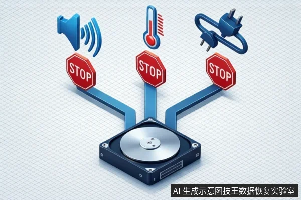 一块机械硬盘位于画面下方,上方分出三条蓝色支路,分别连接喇叭、温度计和电源插头图标,每个图标下方都有红色STOP标志。