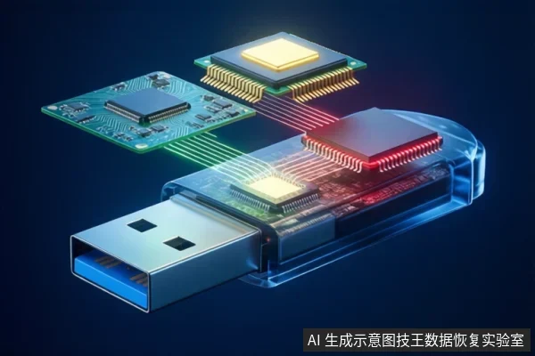 深蓝色背景下的U盘透明剖面示意图,内部可见芯片与电路连接,上方悬浮展示主控芯片和闪存颗粒等元器件。
