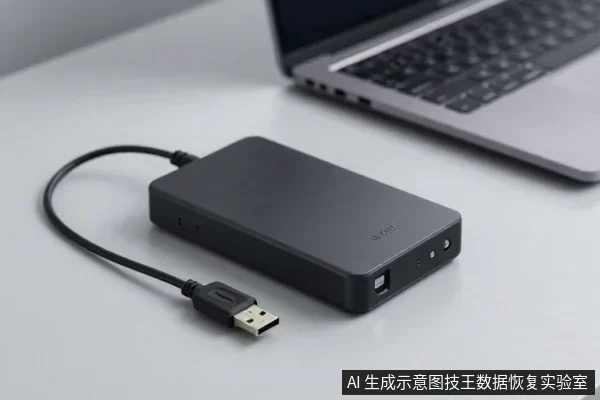 黑色移动硬盘平放在白色桌面上,USB线缆插头置于一旁,背景为银色笔记本电脑。
