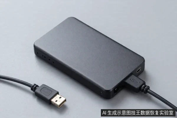 黑色长方形外置硬盘盒平放于灰色桌面，右侧接口插着USB数据线，线缆延伸至画面外