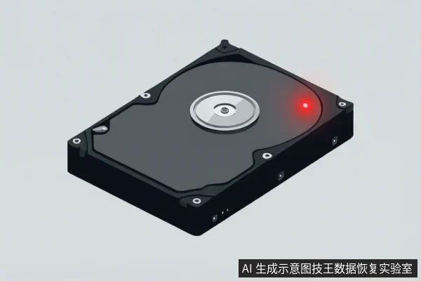 一张黑色机械硬盘的等轴测示意图，硬盘表面有四个螺丝孔，中心有主轴，右上角有一个发光的红色指示灯。