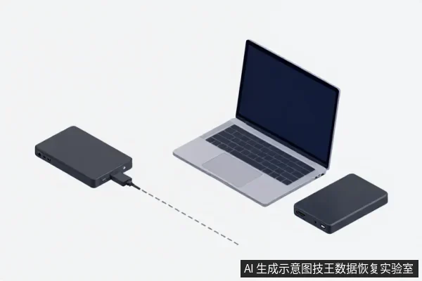 一台笔记本电脑与两块黑色外置硬盘，左侧硬盘通过数据线连接，线缆末端呈虚线断开状。