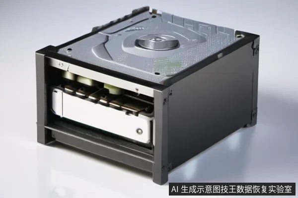 一个机械硬盘被固定在黑色金属支架中,顶部银色金属盖板与中心主轴电机清晰可见,侧面露出部分白色电路与接口结构,整体置于浅色背景上。