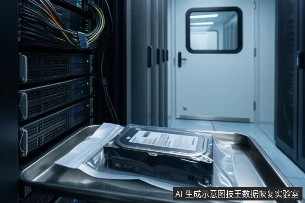 洁净室环境中,金属托盘上放着防静电袋,袋内装有一块机械硬盘,左侧为服务器机柜,背景是带观察窗的门。