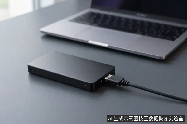 深色桌面上放着一块黑色移动硬盘,通过USB线连接,后方有一台打开的银色笔记本电脑。