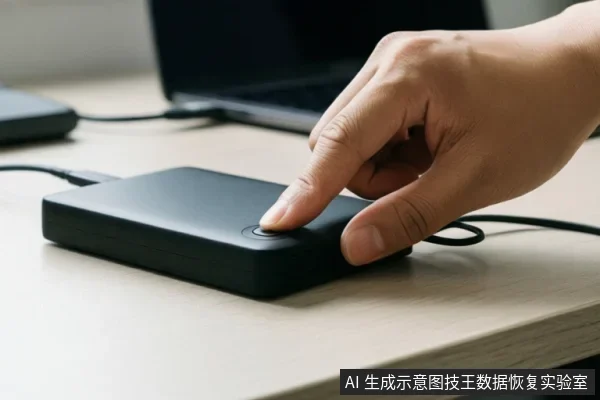 一只手正在按压一个黑色移动硬盘上的按钮，硬盘通过数据线连接，背景中有一台笔记本电脑。