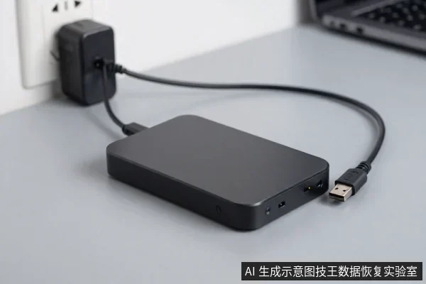 灰色桌面上放着一块黑色移动硬盘，其数据线USB插头未连接电脑，硬盘另接电源适配器并插在墙面插座上。