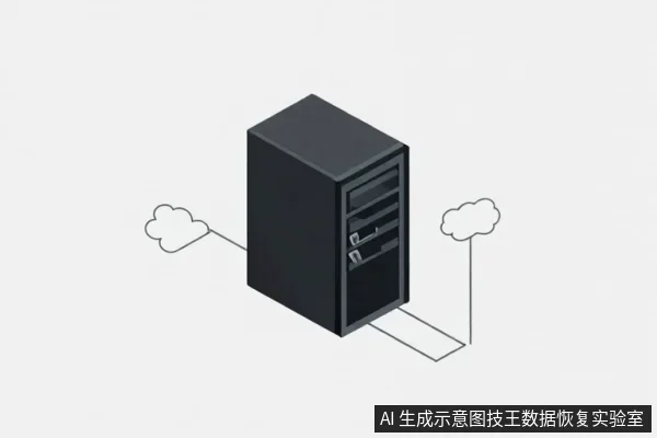 一台黑色塔式服务器主机,两侧各有一朵云形图标通过线条与主机相连,示意服务器与云端的数据连接。