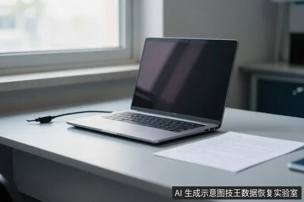 一台银色笔记本电脑放在窗边桌面上，屏幕黑屏，左侧连着一根黑色线缆，右侧放着一张白纸。