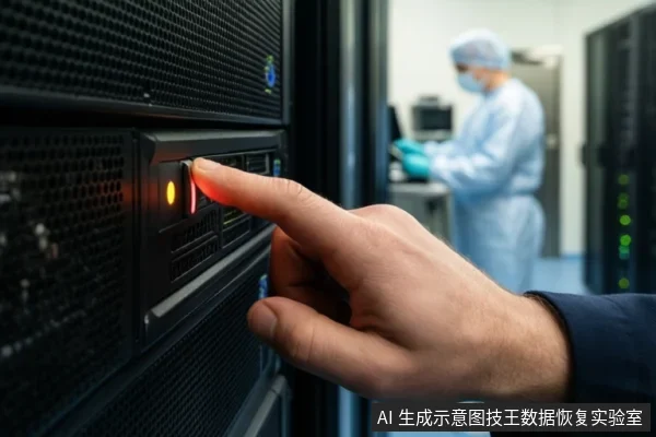 一只手正按压服务器机箱前面板上的红色按钮,旁边有黄色指示灯亮起。背景中一名身穿无尘服的技术人员正在工作台上操作设备。