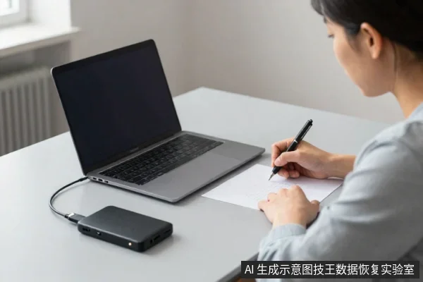 一名亚洲女性坐在桌前,面前放着一台笔记本电脑,她正用笔在纸上记录,电脑旁连着一个黑色外置存储设备。