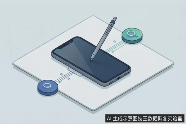 等距插画,白色台面上平放一部智能手机,一支触控笔斜搭在屏幕上,两侧各有一个带放大镜的圆形图标以虚线连向手机。