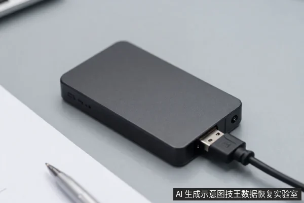 灰色桌面上放置着一个黑色长方形外置硬盘盒,侧面有接口,一条黑色USB数据线插在硬盘盒的接口上,旁边有纸张和一支笔。