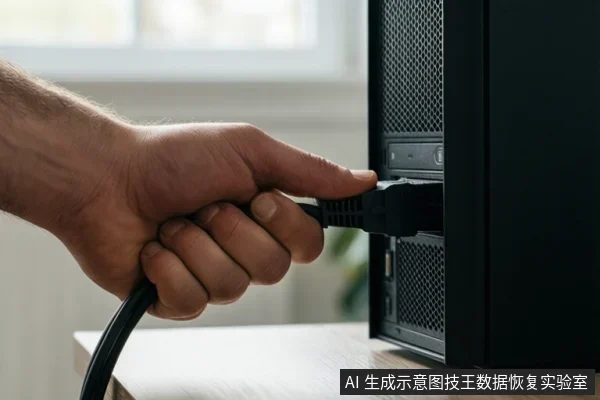 一只手握住黑色线缆插头,正将其插入台式电脑机箱背部的接口,背景为室内桌面环境。