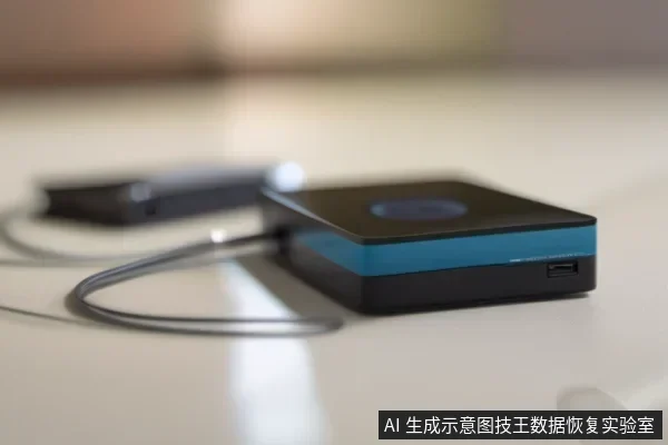 桌面上一台黑蓝配色的移动硬盘，旁边放着一根连接线和另一台模糊设备