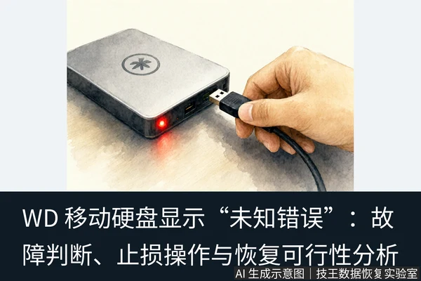 文章内容场景示意图：WD 移动硬盘显示“未知错误”：故障判断、止损操作与恢复可行性分析
