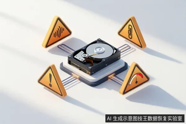 一块打开顶盖的机械硬盘平放在浅色台面上，四周环绕四个橙色三角形警示图标，分别示意声音、连接、感叹号和温度。