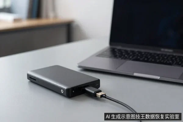 灰色桌面上放着一台银色笔记本电脑和一个黑色移动硬盘,硬盘通过USB线连接,旁边有黑色数据线。