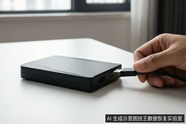 一只手正将USB数据线插入桌面上的黑色移动硬盘接口，背景为室内窗边环境。