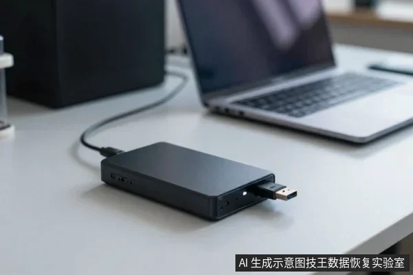 黑色移动硬盘平放在白色桌面上，USB线连接至后方笔记本电脑，侧面插有U盘，指示灯亮起