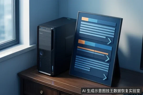 窗边木桌上放着一台黑色台式电脑主机,旁边立着一块显示抽象条形与箭头图案的屏幕,无可见文字。