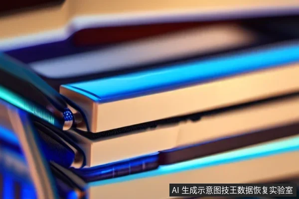 画面中是几个堆叠的扁平矩形物体,边缘带有蓝色发光灯带,呈现出抽象的存储设备或硬盘的科技感外观。