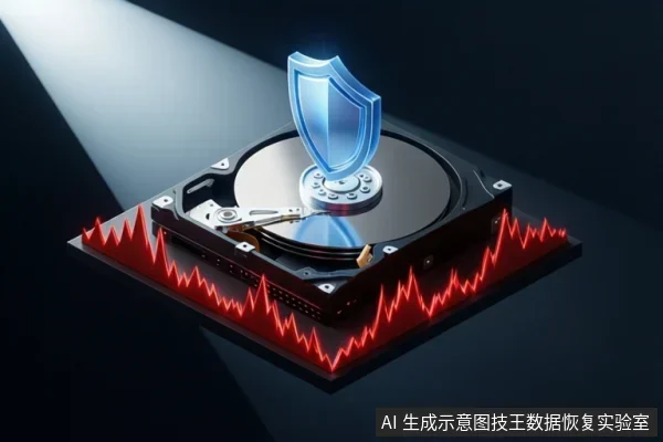 一块打开外壳的机械硬盘,盘片上方悬浮蓝色盾牌,硬盘底座周围环绕红色锯齿状波形,背景为深色。