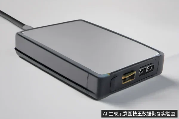 一个深灰色外置移动硬盘设备斜放在浅色背景上,侧面可见两个数据接口,左侧连接着一根黑色线缆,设备外壳完整,顶面为银灰色面板。