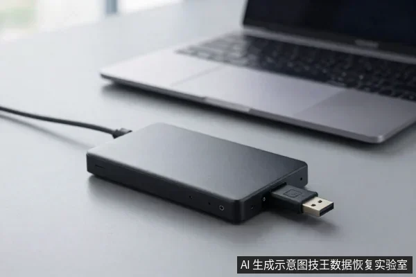 黑色移动硬盘平放在桌面,侧面USB接口插着一枚U盘,数据线连向后方笔记本电脑。