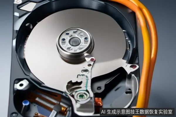 一台打开顶盖的机械硬盘特写,金属盘片、中心主轴与磁头臂清晰可见,右侧垂下橙色线缆,背景为灰色渐变。