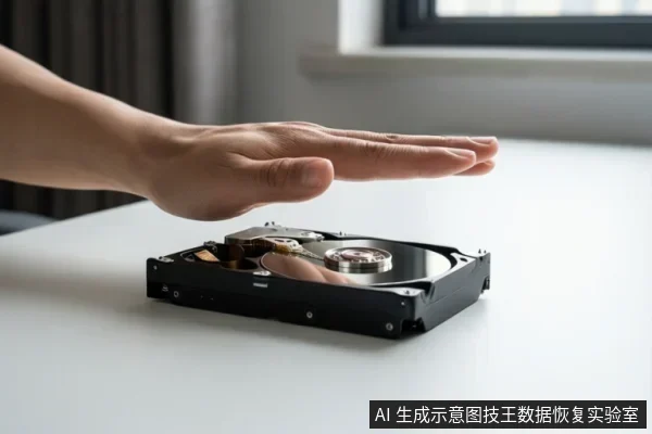 一只手平放在白色桌面上,下方是一块打开外壳的机械硬盘,可见盘片、主轴和磁头臂,背景为室内窗边。