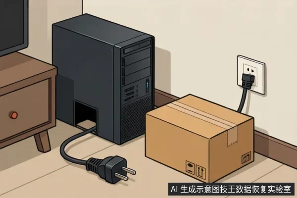 插画显示黑色台式主机放在地面，后部电源线插头已拔下置于地上，与接口留有空隙，旁边放一个纸箱，墙上插座插着另一根线。