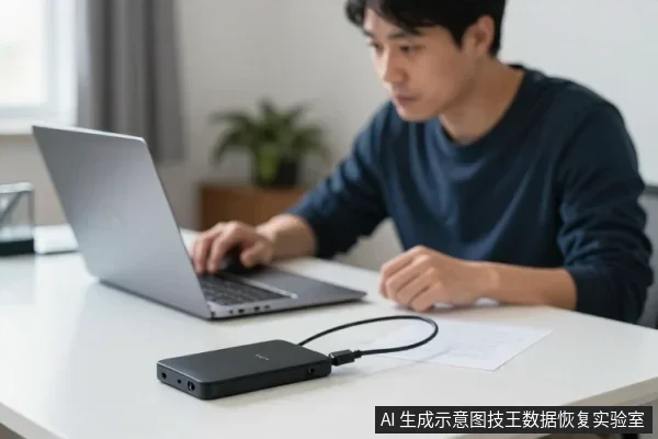 一名亚洲男子坐在桌前使用银色笔记本电脑，桌面上放着一块黑色移动硬盘，通过黑色数据线连接至电脑。