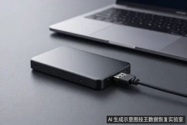 深色桌面上,一台银色笔记本电脑旁放着一块黑色移动硬盘,USB数据线插在硬盘侧面接口上。