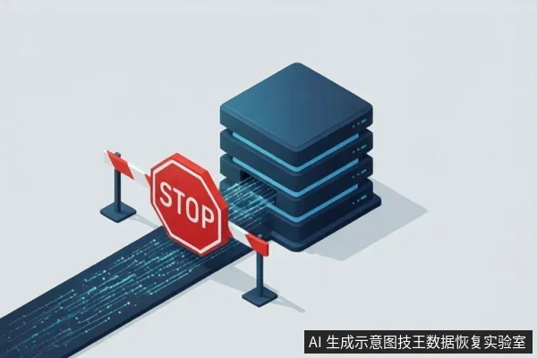 等距视角插画:一条带有数据流纹理的通道通向堆叠的服务器设备,通道前方立有红色STOP标志和路障。