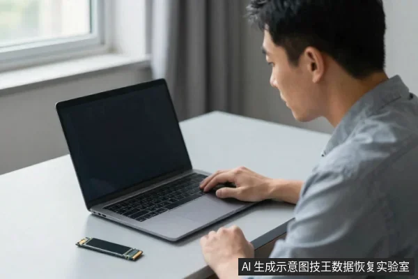 一名亚洲男性坐在桌前,注视面前打开的笔记本电脑,右手放在键盘上,桌上放着一部手机。