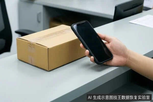 办公桌上放着一个封好的纸箱,一只手拿着黑色智能手机对准纸箱,背景为室内办公环境。
