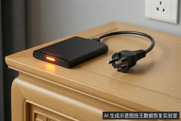 木桌上一台黑色移动硬盘亮着橙色指示灯,连着一根黑色电源线,末端三脚插头平放桌面未接入墙上插座。