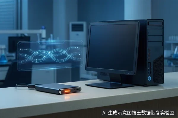 桌面上一台台式电脑主机与黑屏显示器，前方放着一块亮橙色指示灯的移动硬盘，旁边有一根数据线，左侧悬浮蓝色DNA双螺旋全息图案，背景为带烧杯的实验室台面。