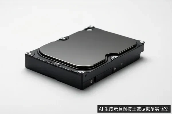 白色背景上放置一块黑色机械硬盘,顶部为金属盖板,侧面可见接口区域,无文字或操作动作。
