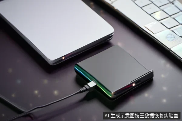 桌面上一个黑色外置存储设备通过线缆连接,设备指示灯亮起呈通电状态,旁边是笔记本电脑键盘。