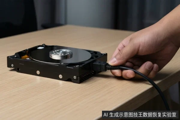 一只手正将SATA数据线插入裸露的机械硬盘接口,硬盘平放在木质桌面上。