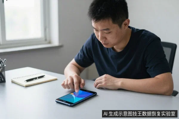 一名亚洲成年男子坐在桌前，低头用右手食指点击桌面上的黑色智能手机屏幕，旁边放着笔记本和笔。